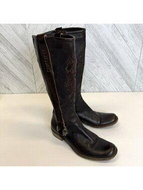 Mark Nason Siren Brown Leather Riding Boots Rose Hardware Embroidery Womens US 6